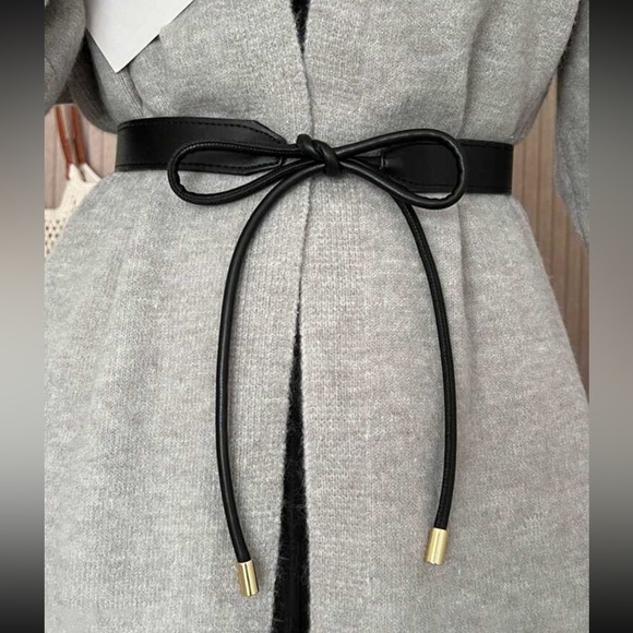 Accessories - Black Faux Leather Belt with Gold Accents, Black Bow Belt, Black Tie Belt